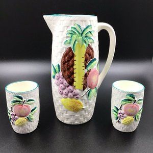 Vintage 1950'S Ceramic Hand Painted Fruit / Pineapple Pitcher with 2 Cups Japan